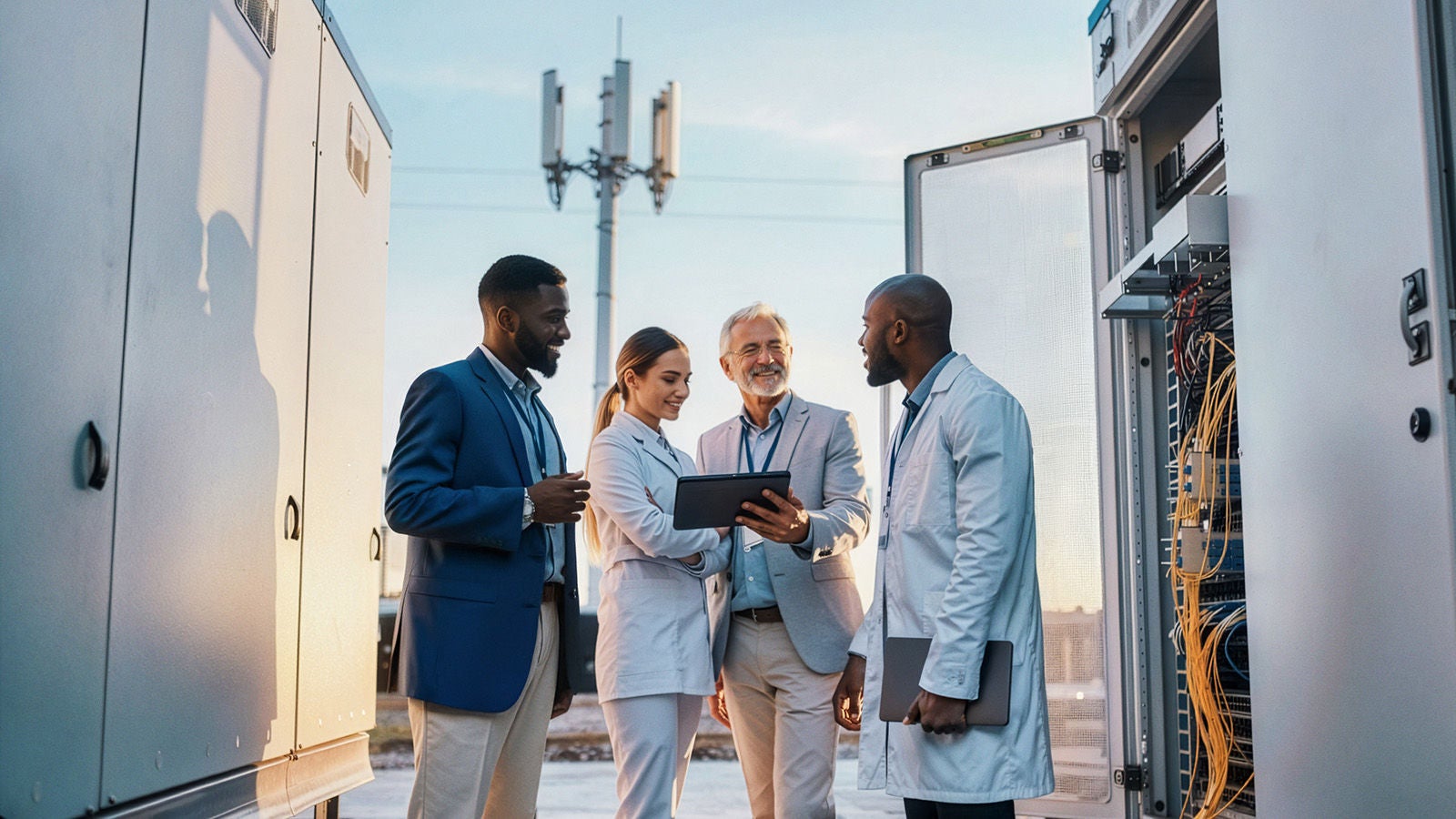 A group of colleagues looking at a tablet.