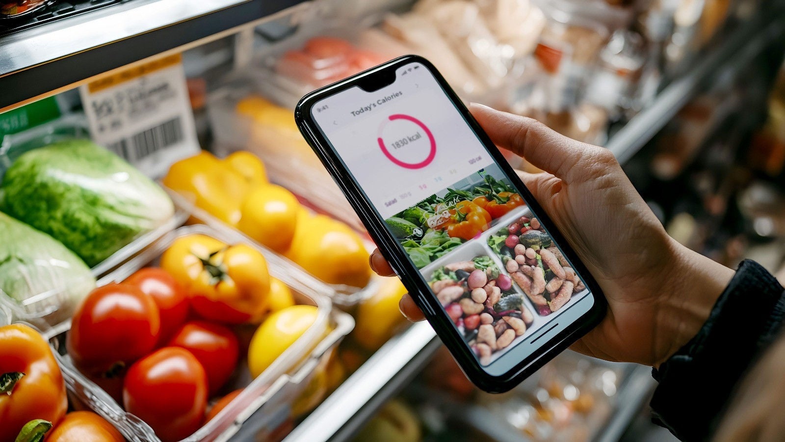 Person holding a phone in a grocery shop with vegetables in the background
