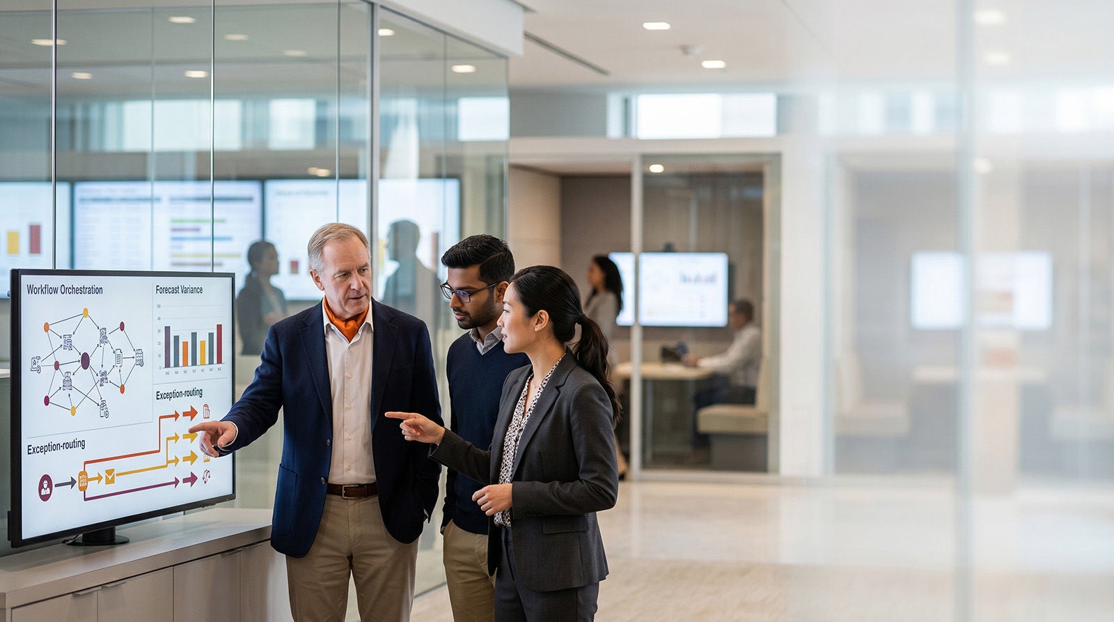 Enterprise workflow analytics discussion in modern office