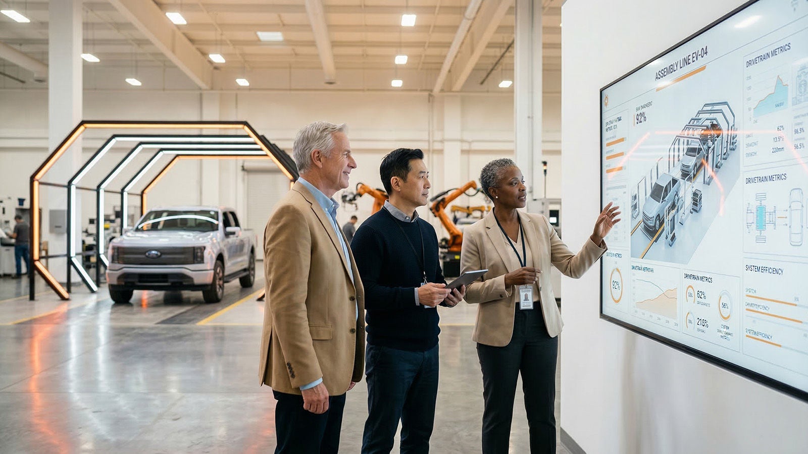 Three colleagues review large digital analytics display in modern showroom with car.