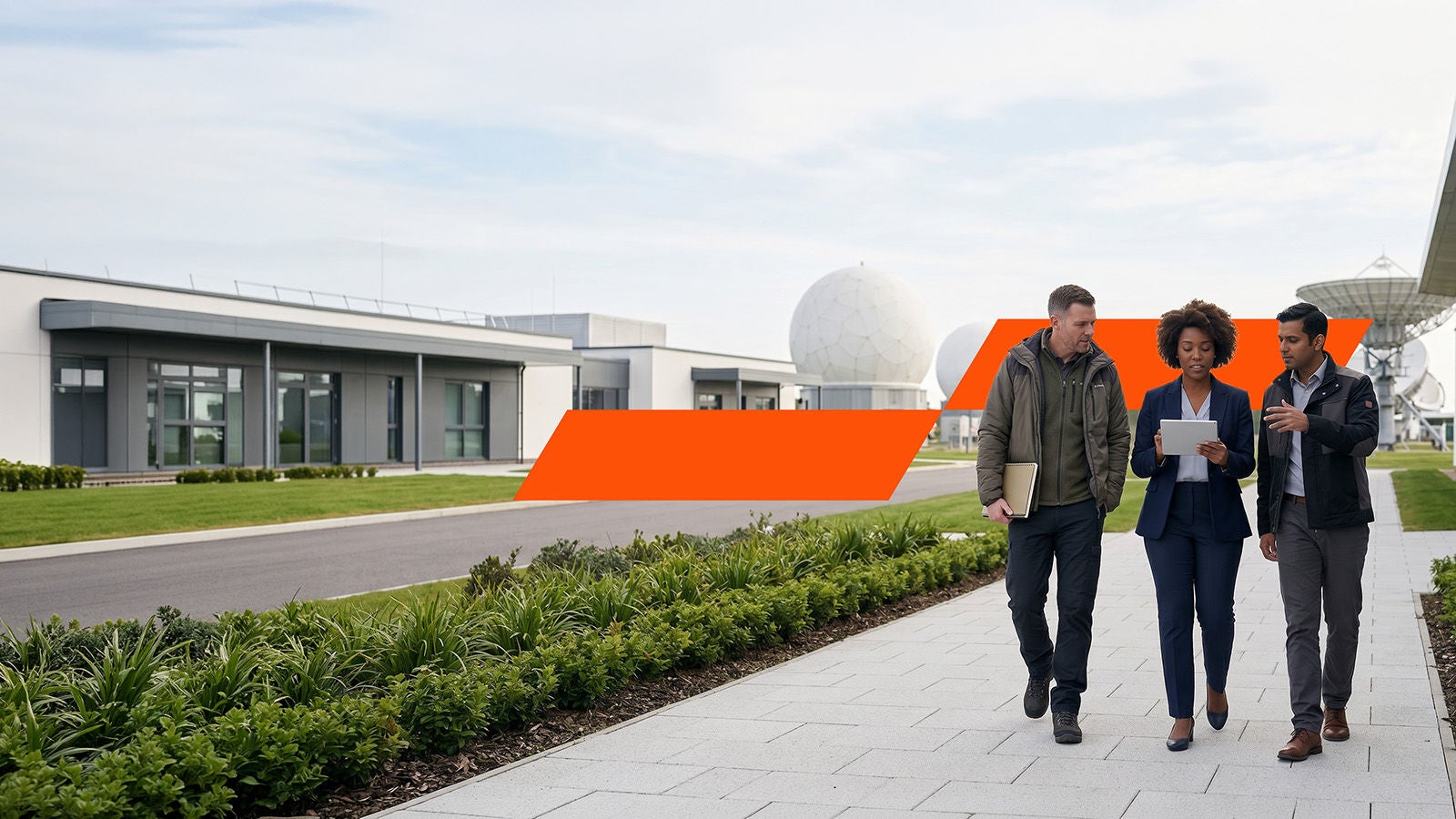 Professionals at satellite communications facility: context image with Momentum Mark—AI generated