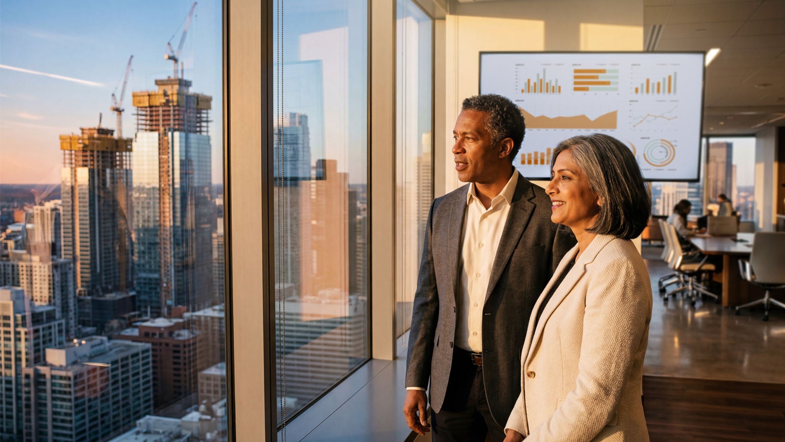 Executives looking out at city skyline